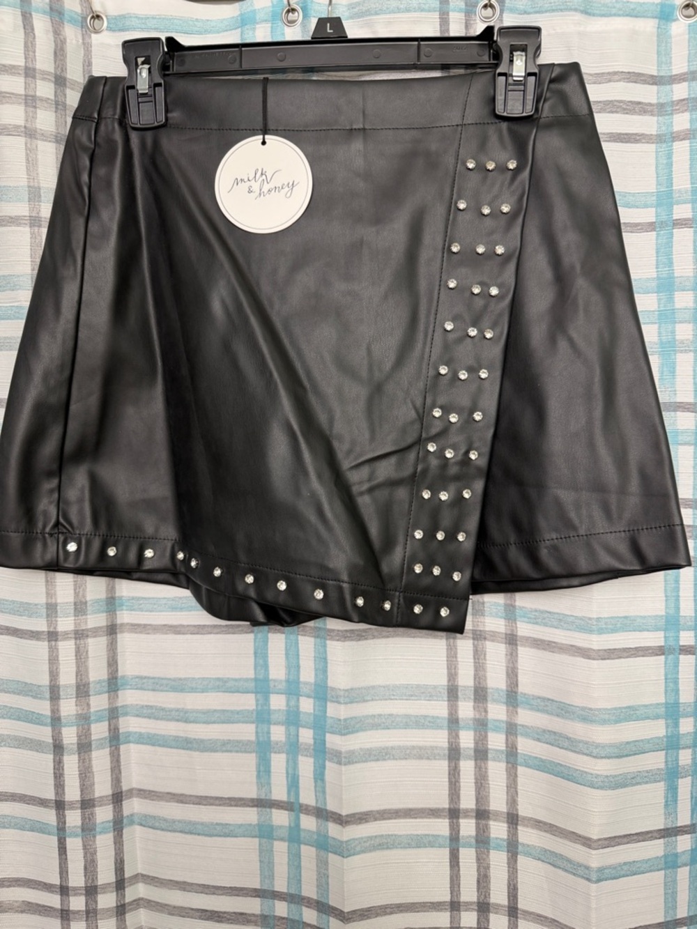 Milk & Honey Black Faux Leather Studded Mini Skort - L